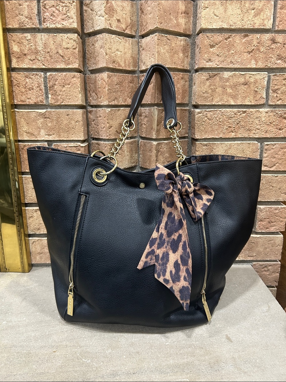 Steve Madden Black Leather Tote Bag with Leopard Ribbon
